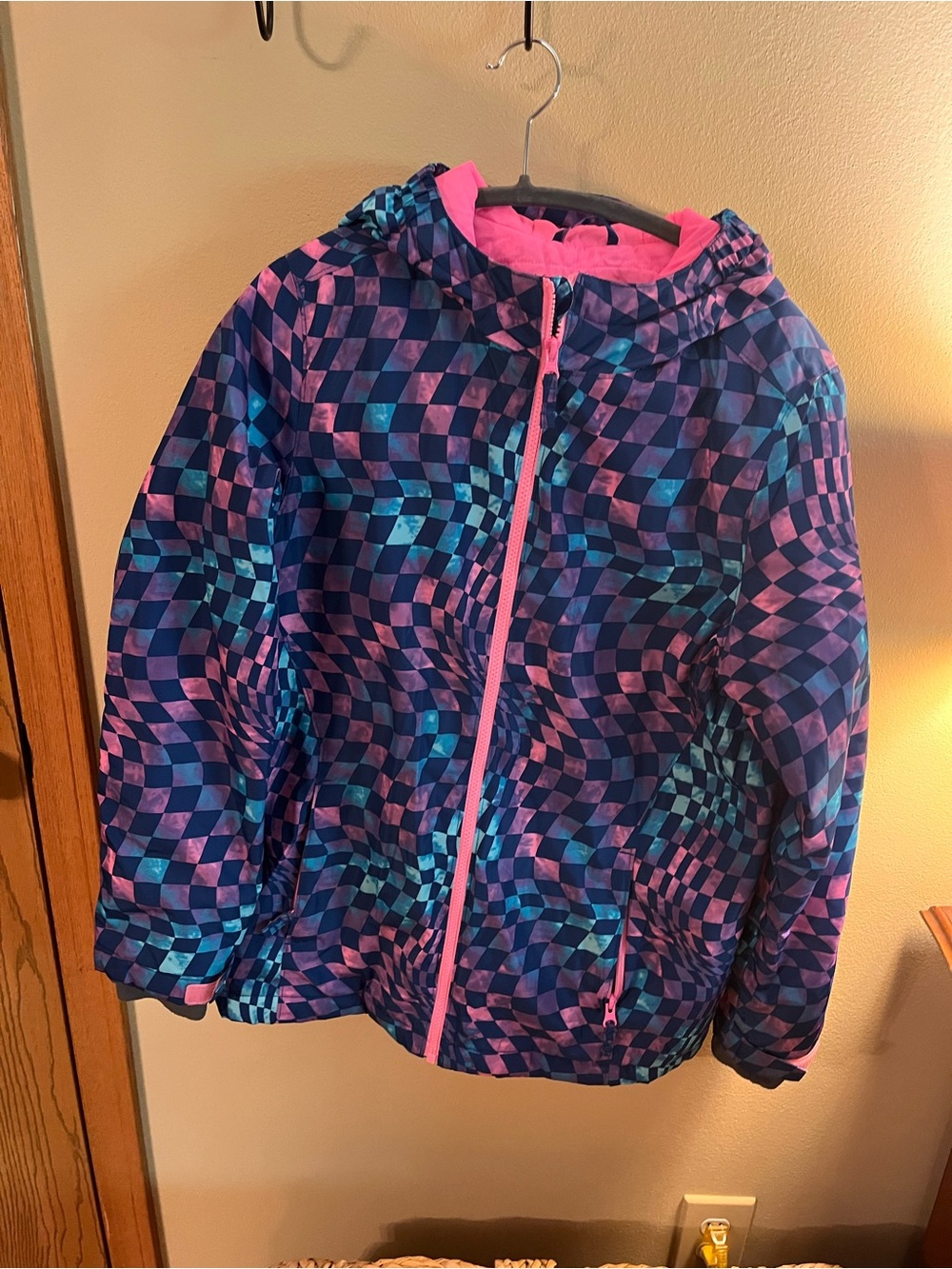 Lands' End Girls' Checkerboard Hooded Jacket in Pink and Blue